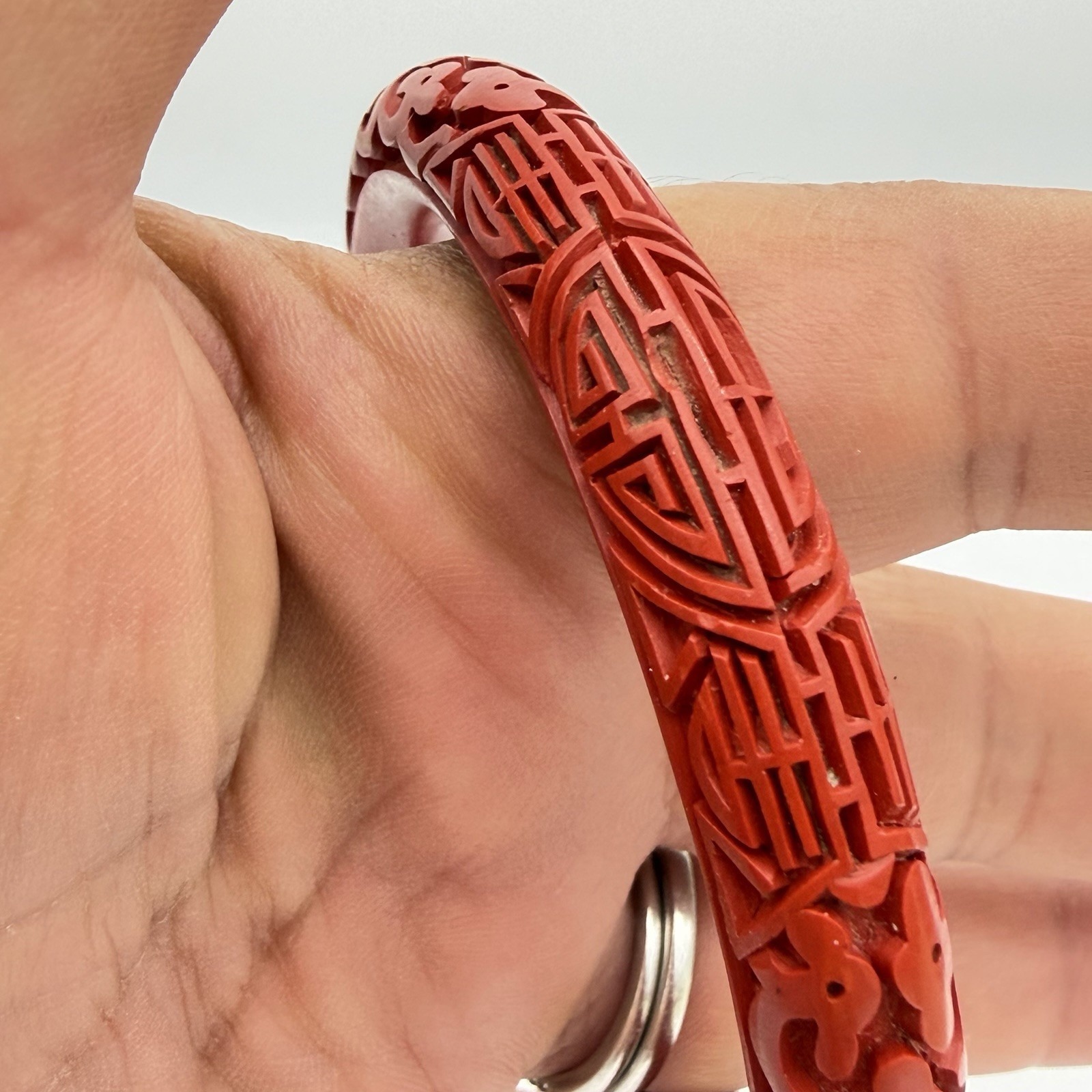 Vtg Chinese Cinnabar Carved Bangle Bracelet Red Lacquer Deeply Carved Intricate